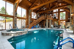 Heated salt water pool with hot tub