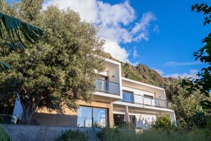 Villa Natura from the front with majestic mountains in the background