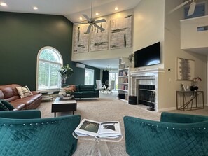 Large Open Concept Formal Living Room with Vaulted Ceilings and seating for 10