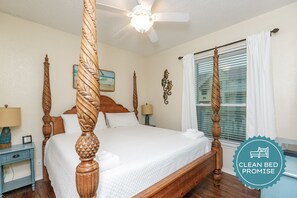 Sleep better at Padre Escapes with our exclusive Clean Bed Promise, providing fresh linens, comforters, and towels washed at high temperatures exceeding CDC recommendations, setting us apart for a truly restful vacation