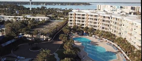 Drone view of the Gulfside building and giant pool!