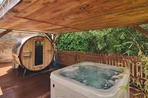 The hot tub and sauna at Albert Lodge, Welsh Borders