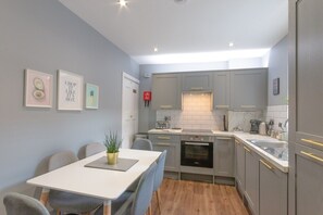 Fully equipped kitchen including dishwasher, washing machine, microwave, toaster and fridge/freezer.
Electric hob and oven
Coffee Machine for coffee lovers!
