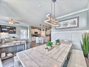 Dining area with benches and chairs for elderly family members