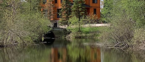 View in summer from the walking path across the lake.