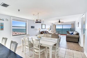 This corner unit features open plan living with 180 degree ocean views.