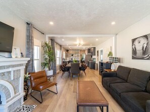 Open concept, living room, dining room, and kitchen