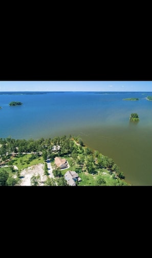 Arial view of home and lake