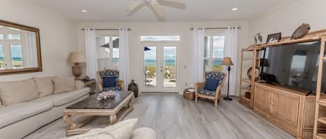 2nd floor, Living Room faces the Gulf of Mexico, 2 large couches, 65" smart TV