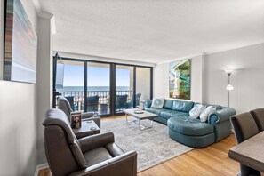 This ocean front living room is the perfect place to make family memories.