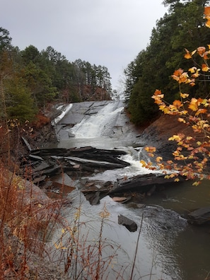 Lake over spillway. Accessible by walking trail east of the cabin. 