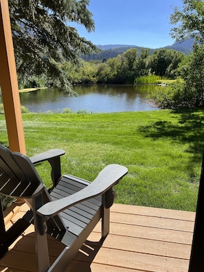 Summer view of the pond from the master bedroom balcony