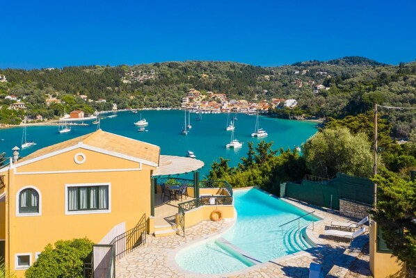 Aerial view of Thanasis with view towards Lakka