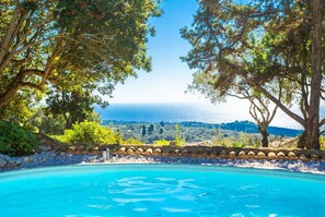 Private pool, terrace, and garden with sea views