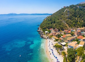 Aerial view of Kaminaki Beach showing location of Villa Petros