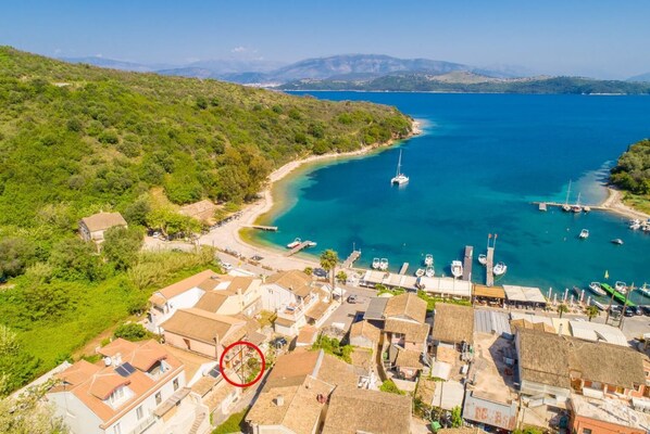 Aerial view showing location of Foteini Apartment