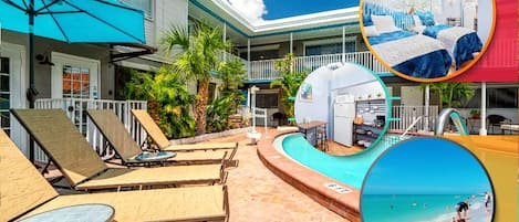 Boutique Beach Retreat Pool area, Lounge chairs, table, Propane grill, pool and beach toys and chairs