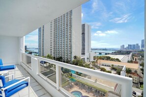 Furnished balcony with views of Biscayne Bay and downtown Miami