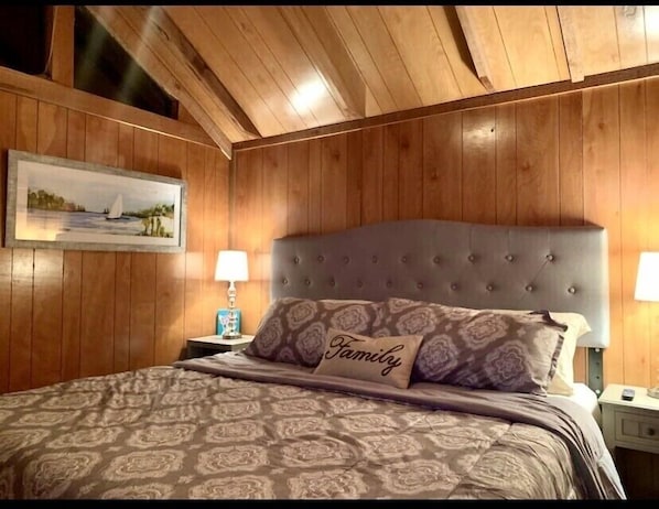 King in downstairs master, loads of built in storage and tv.