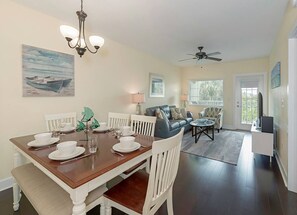 View of the dining area and living area from the kitchen