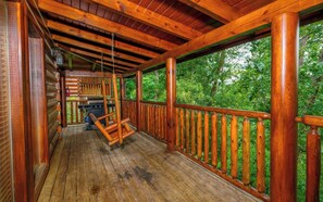 Exterior Wooded Porch Swing and Gas Grill
