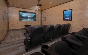 Private Theater Room with a Projector, Theater Seating, and A Cozy Couch