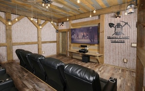 Private Theater Room with Big Screen TV and Plush Theater Seating