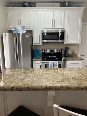 Kitchen with stainless steel appliances.