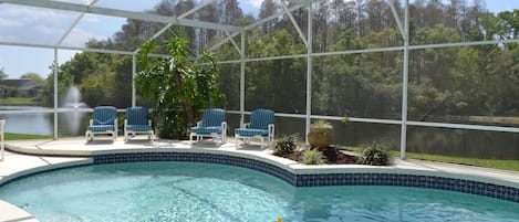 South facing pool, 30x15 foot at widest point. Pool depth 3-6 foot.  