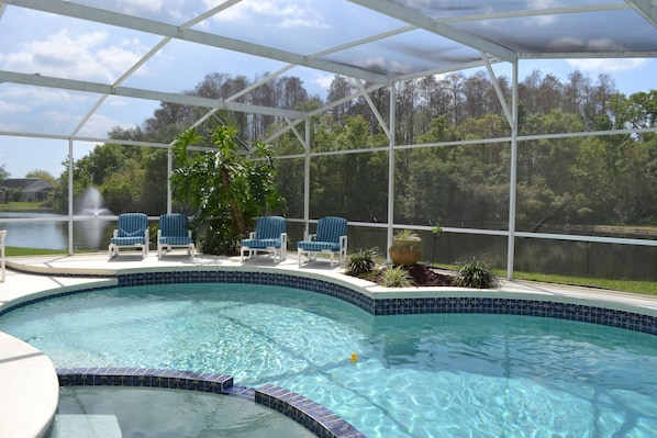 South facing pool, 30x15 foot at widest point. Pool depth 3-6 foot.  