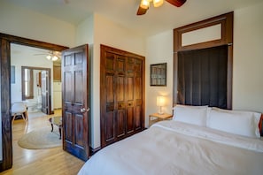 Bedroom with queen mattress and private closet.