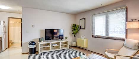 Living room with Roku Smart TV, couch and chair. You can see the VA hospital out the window!