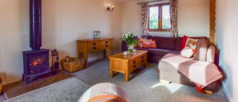 Living room with log burner,  Granary, Bolthole Retreats