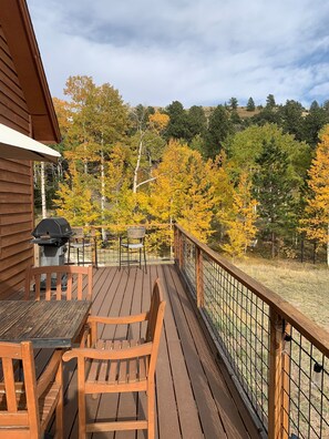 The front deck in autumn. The deck wraps around the front.