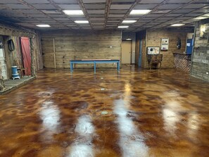 Dark stained concrete floors run throughout 