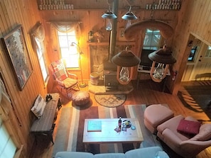 Cozy Living Room with Wood Stove
