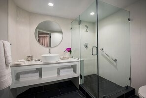 Full bathroom with a shower. Basic toiletries and towels are provided