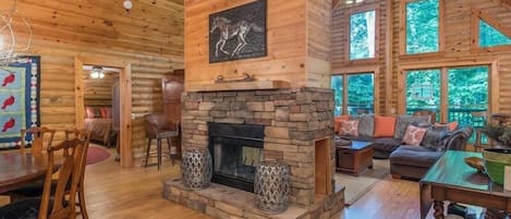 Dining area, fireplace, living room