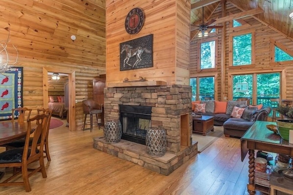 Dining area, fireplace, living room