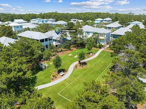 Seacrest Beach Park with built-in cornhole games behind the home