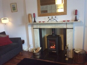 Living room with multi-fuel stove