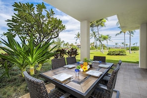 Outside dining.  We never eat indoors.  Always shaded yet bright.