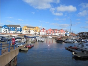 View of the property from the water entrance into the marina 