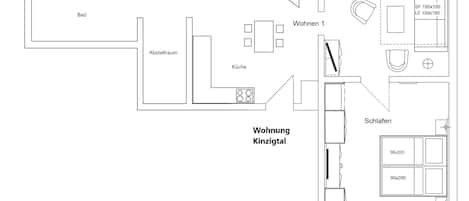 Kinzigtal, 51qm, Haustiere erlaubt, 1 Schlafzimmer, max. 4 Personen-Grundriß Kinzigtal