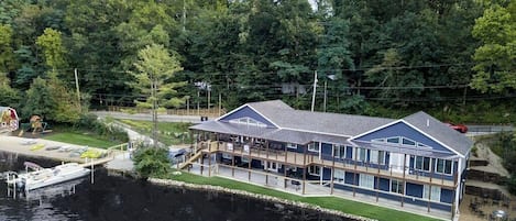 Covered Deck is 101 ft long; the gentle slope private sandy beach is 80 ft long.