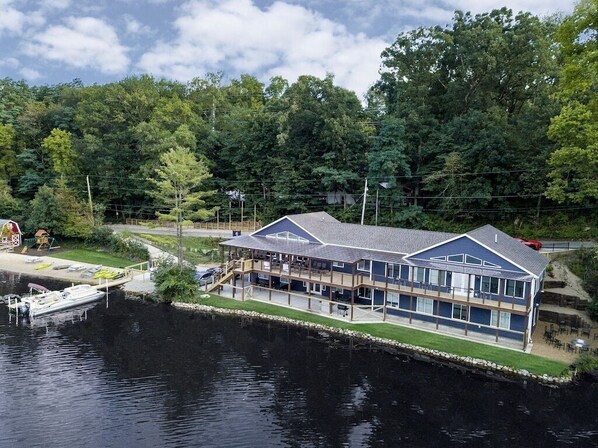 Covered Deck is 101 ft long; the gentle slope private sandy beach is 80 ft long.