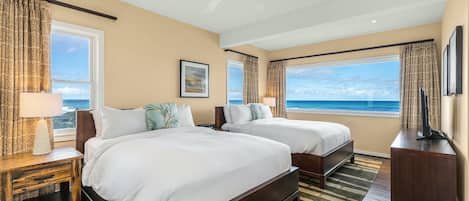 Bedroom 3 with 2 Queen beds and ocean view! - 2 Queen beds with luxurious linens, light down comforter (down alternative available upon request), SMART TV and ceiling fan.