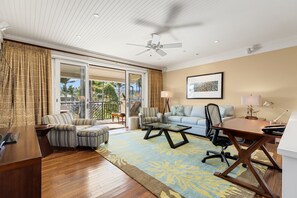 Living room with ocean view! - with pull-out gel memory foam sofa bed and 55" SMART TV and ceiling fan.