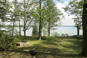 Lakeside view, steps to shore of Elk Lake, including private deck and dock