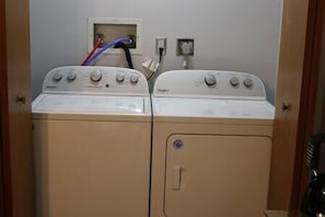 FREE washer and dryer, generally we have soap and bleach there.